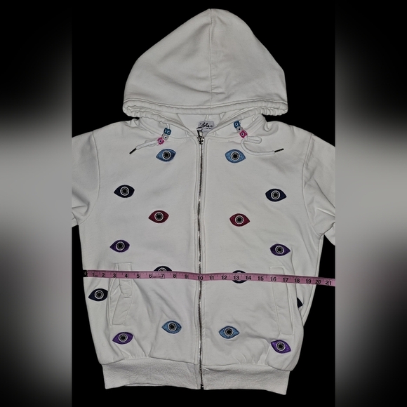 Lola + The Boys Evil Eye Hoodie Womens White Beaded Embroidered Zip Sz M - Picture 12 of 16
